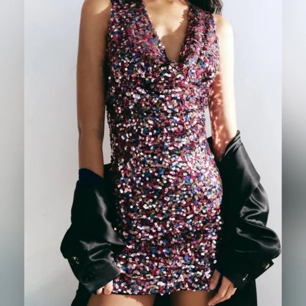 Zara NWT Sleeveless Sequin Festive Party Mini Dress Womens Size XS